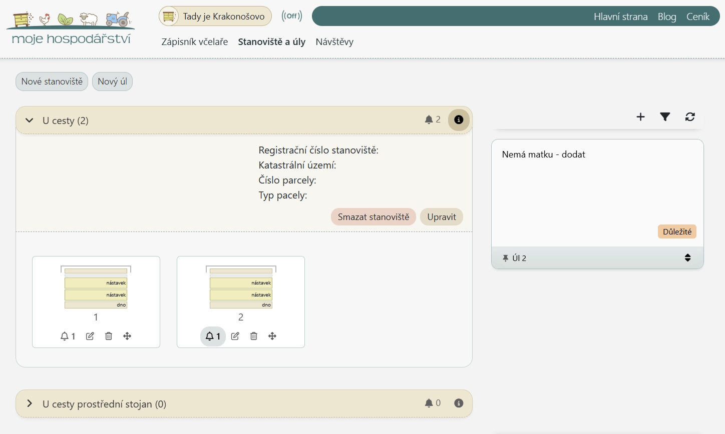 Přehled stanovišť a úlů