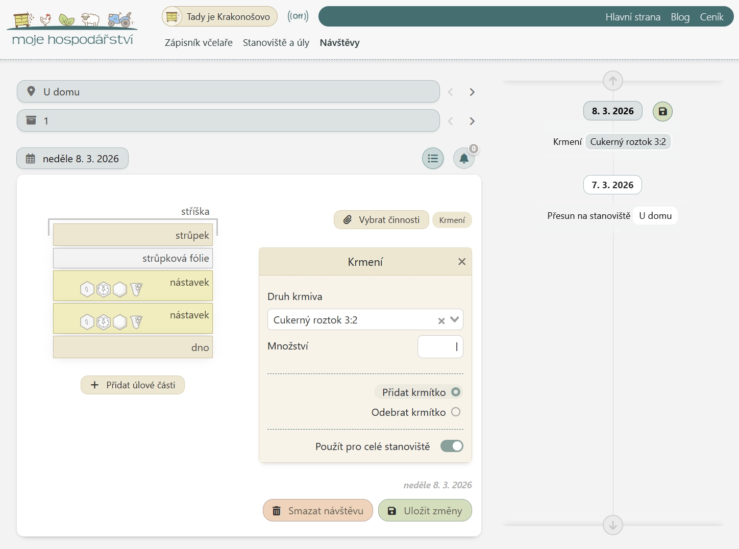 Struktura úlu a historie návštěv